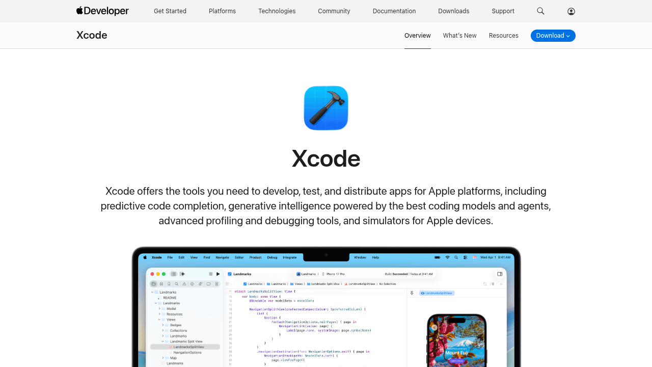 Page d'accueil d'Apple Xcode, l'IDE incontournable pour iOS et macOS
