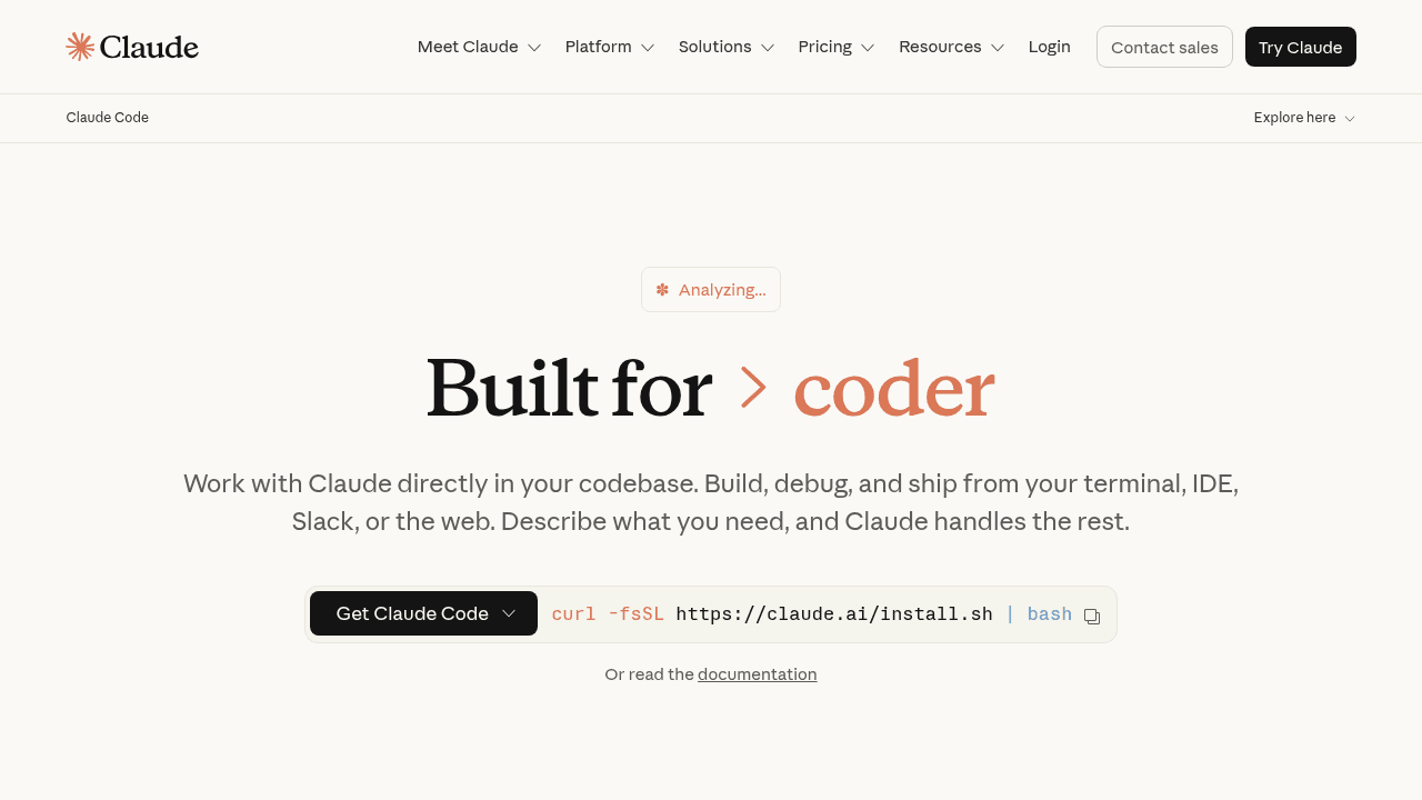Capture d'écran de la page officielle de Claude Code
