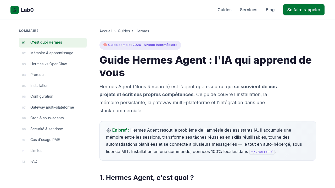 Guide Hermes Agent gratuit de Lab0