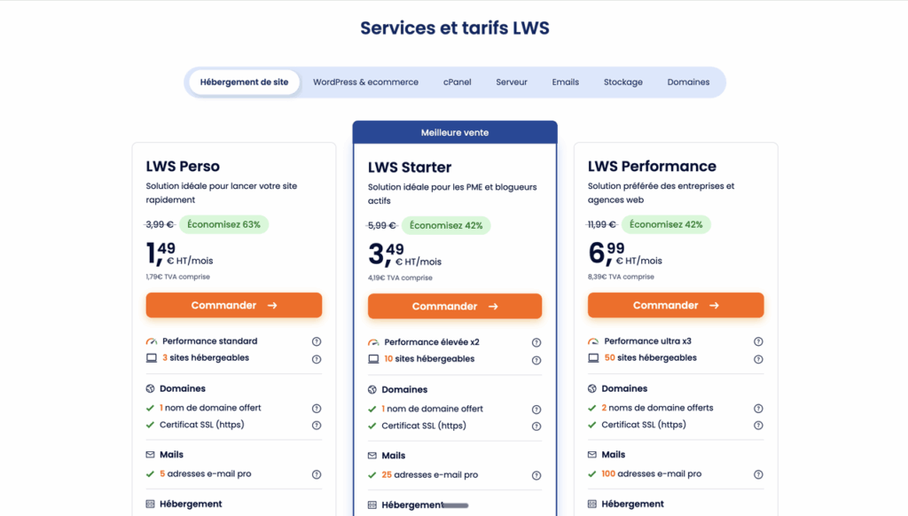 Tarifs de l'hébergement mutualisé LWS (Perso, Starter, Performance)
