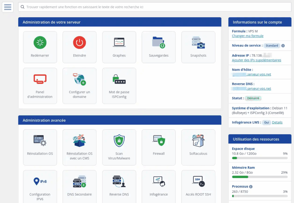 Interface de gestion d'un VPS LWS