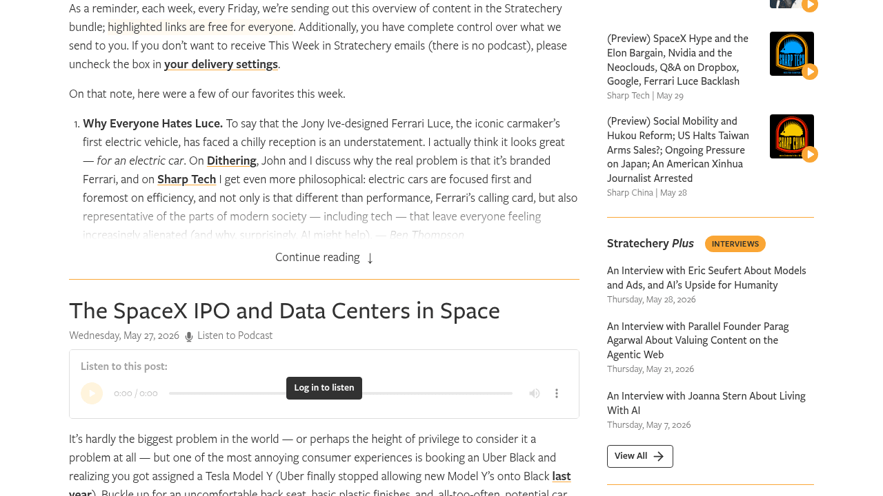 Capture d'écran de la newsletter Stratechery de Ben Thompson