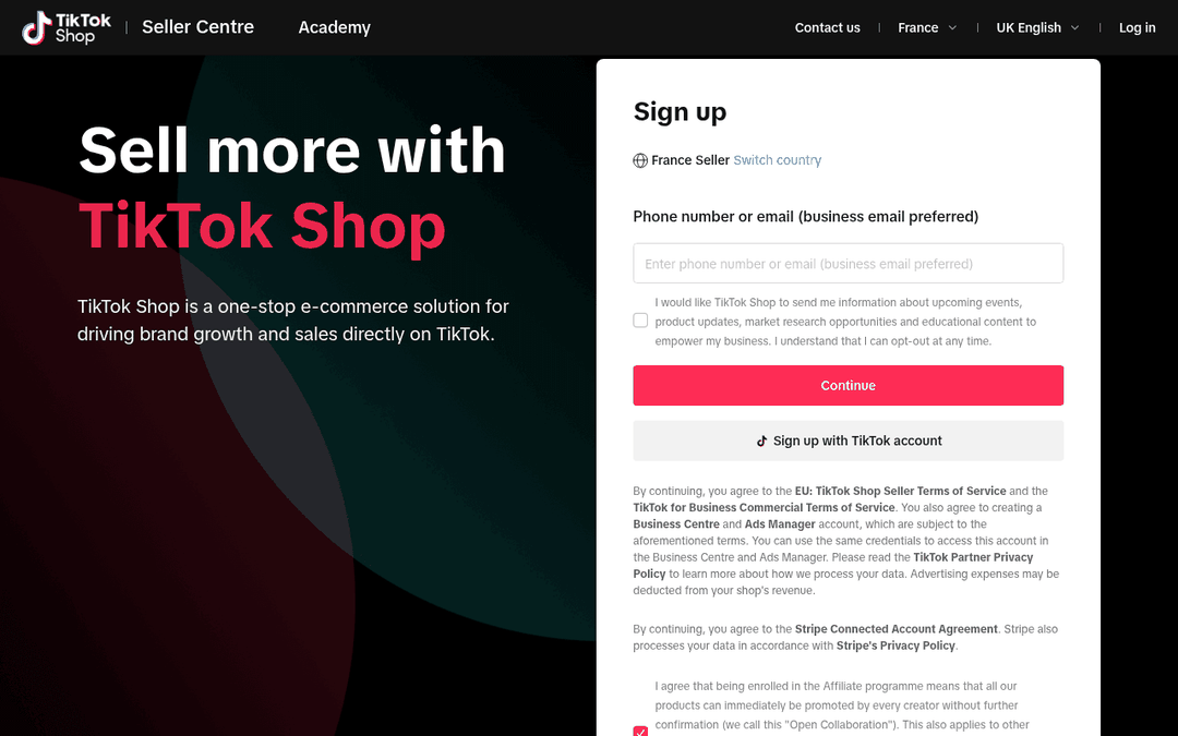 Inscription au Seller Center TikTok Shop en France