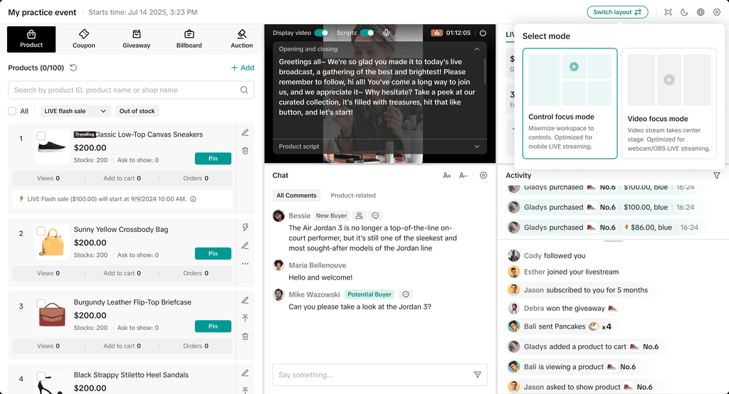Session de live shopping sur TikTok Shop
