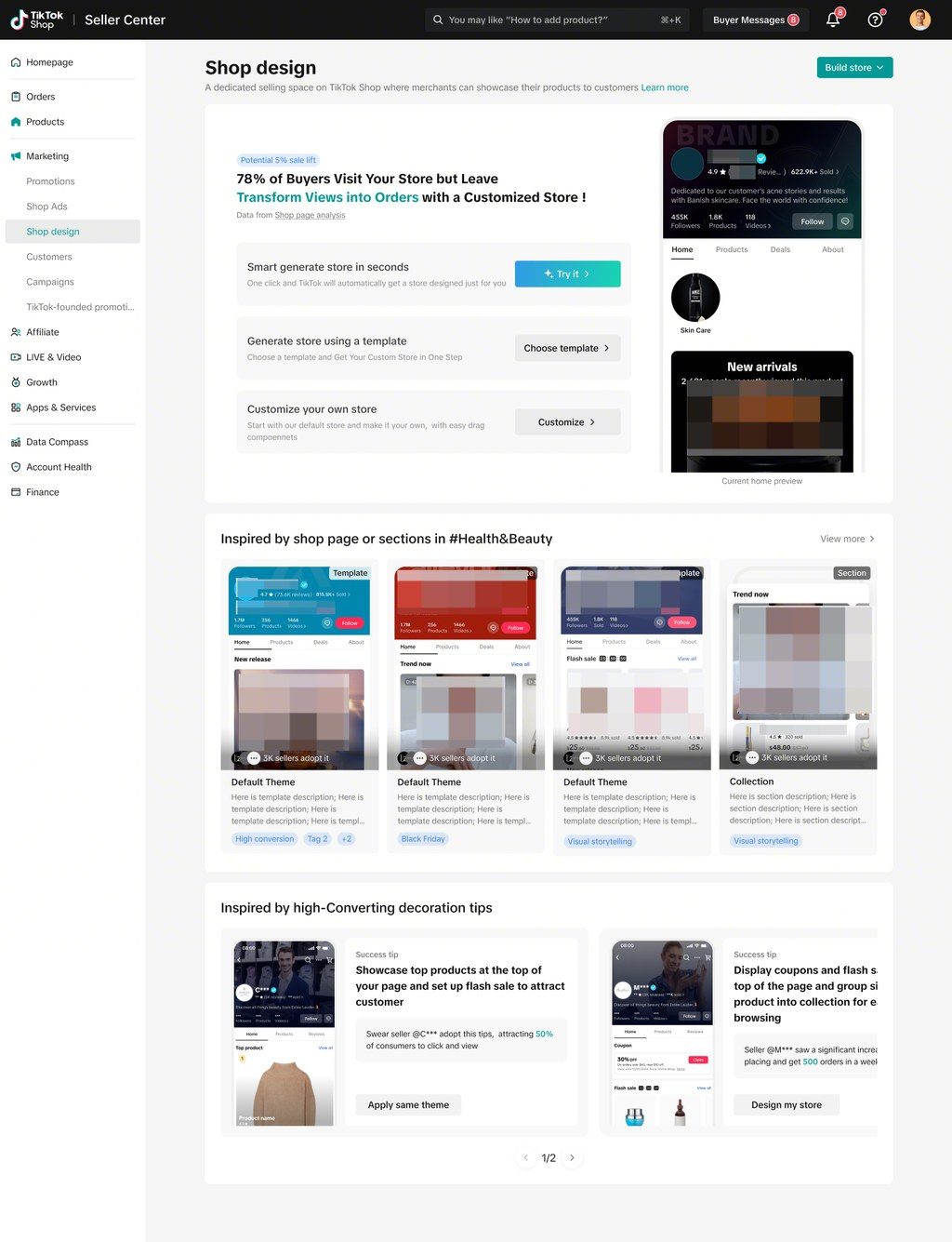 Tableau de bord TikTok Shop Seller Center