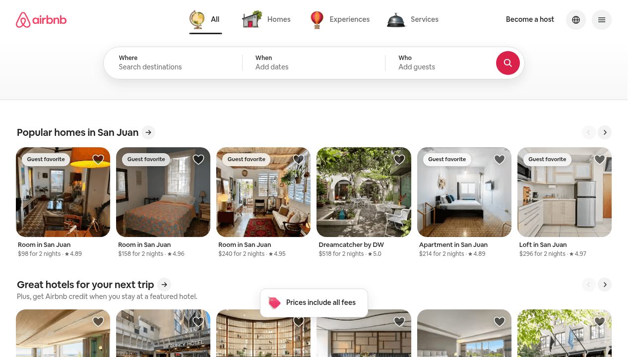 Page d'accueil du site Airbnb