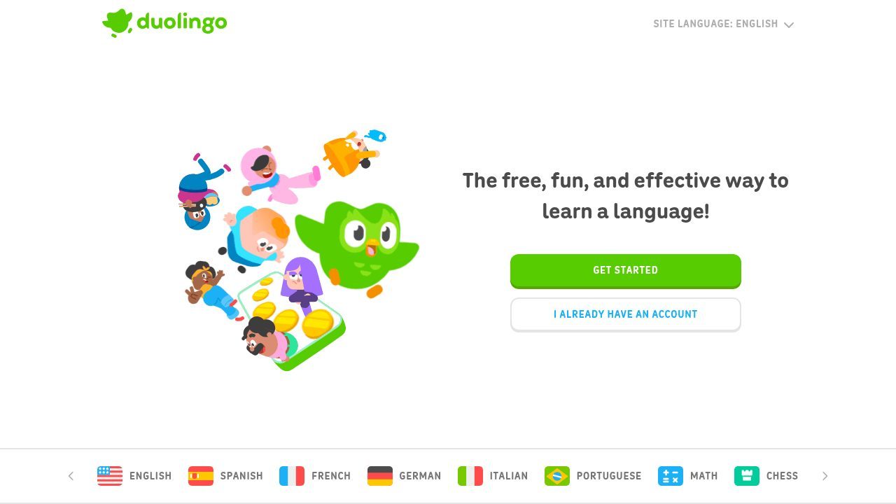 Page d'accueil du site Duolingo