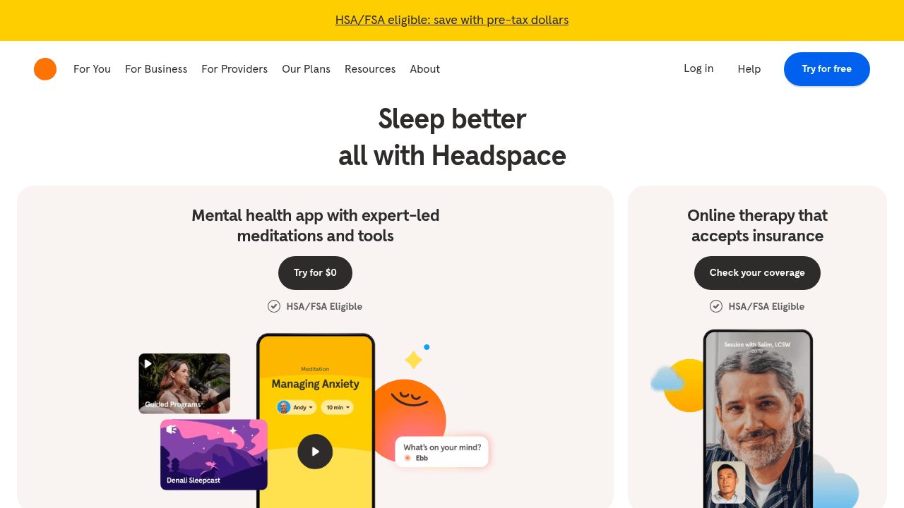 Page d'accueil du site Headspace