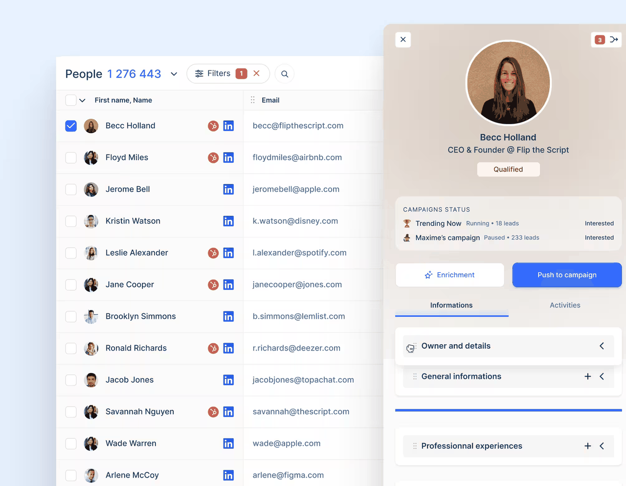 Base de données de leads Lemlist avec fiche prospect et enrichissement