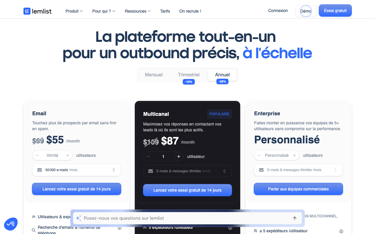 Grille tarifaire de Lemlist : offres Email, Multicanal et Enterprise