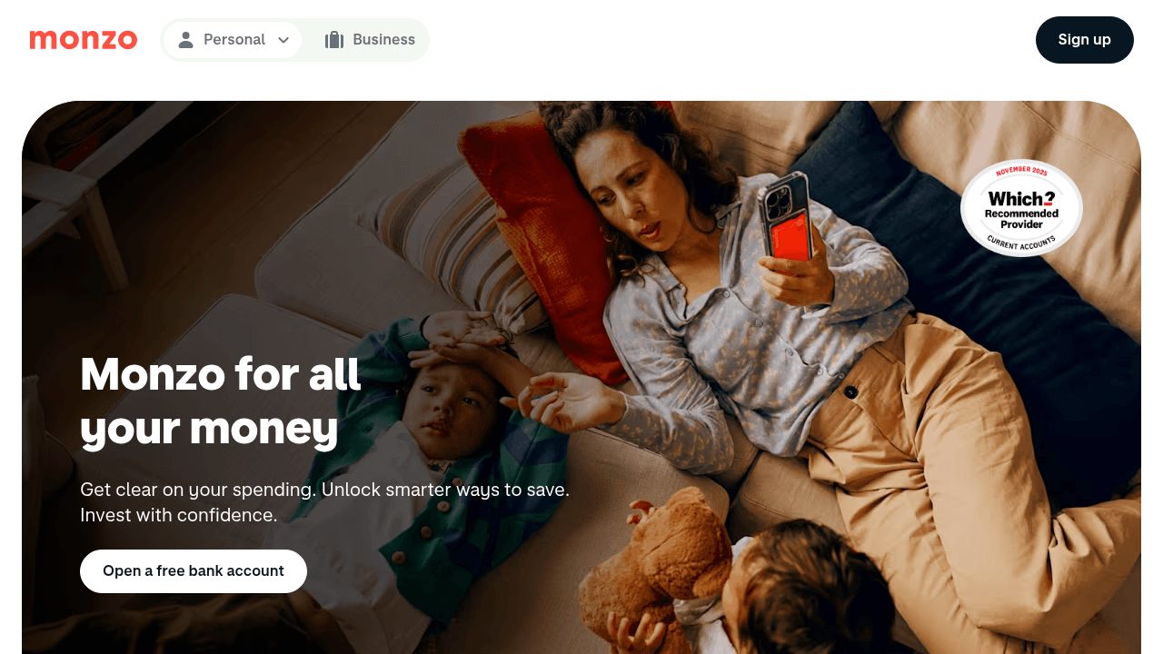 Page d'accueil du site Monzo