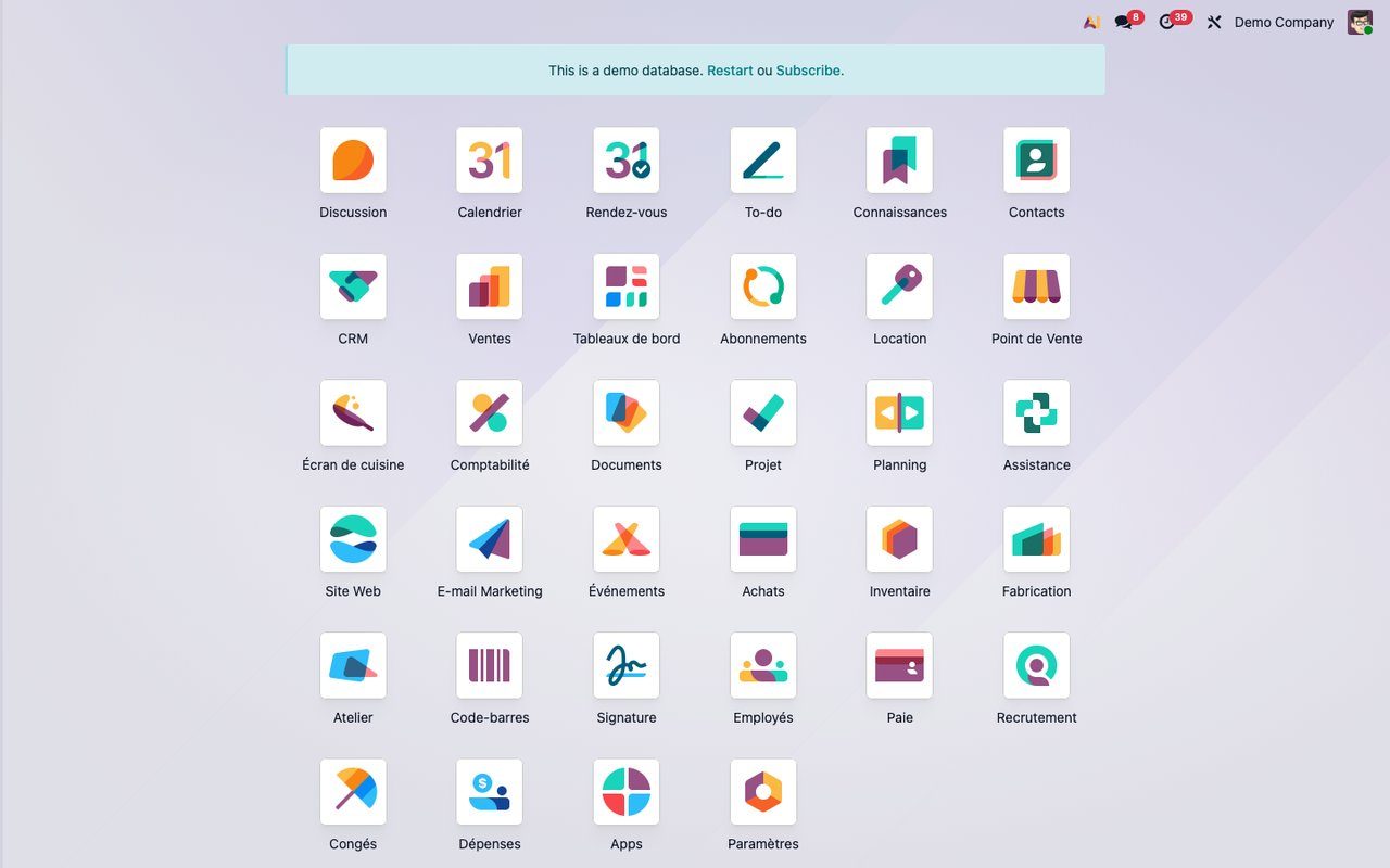 Odoo ERP - écran d'accueil des modules