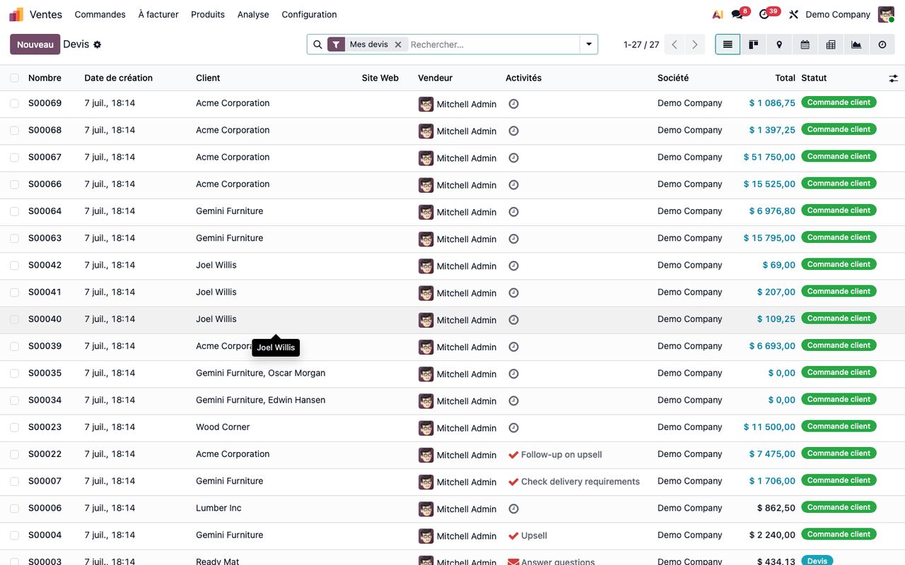 Module Ventes d'Odoo, liste des devis et commandes