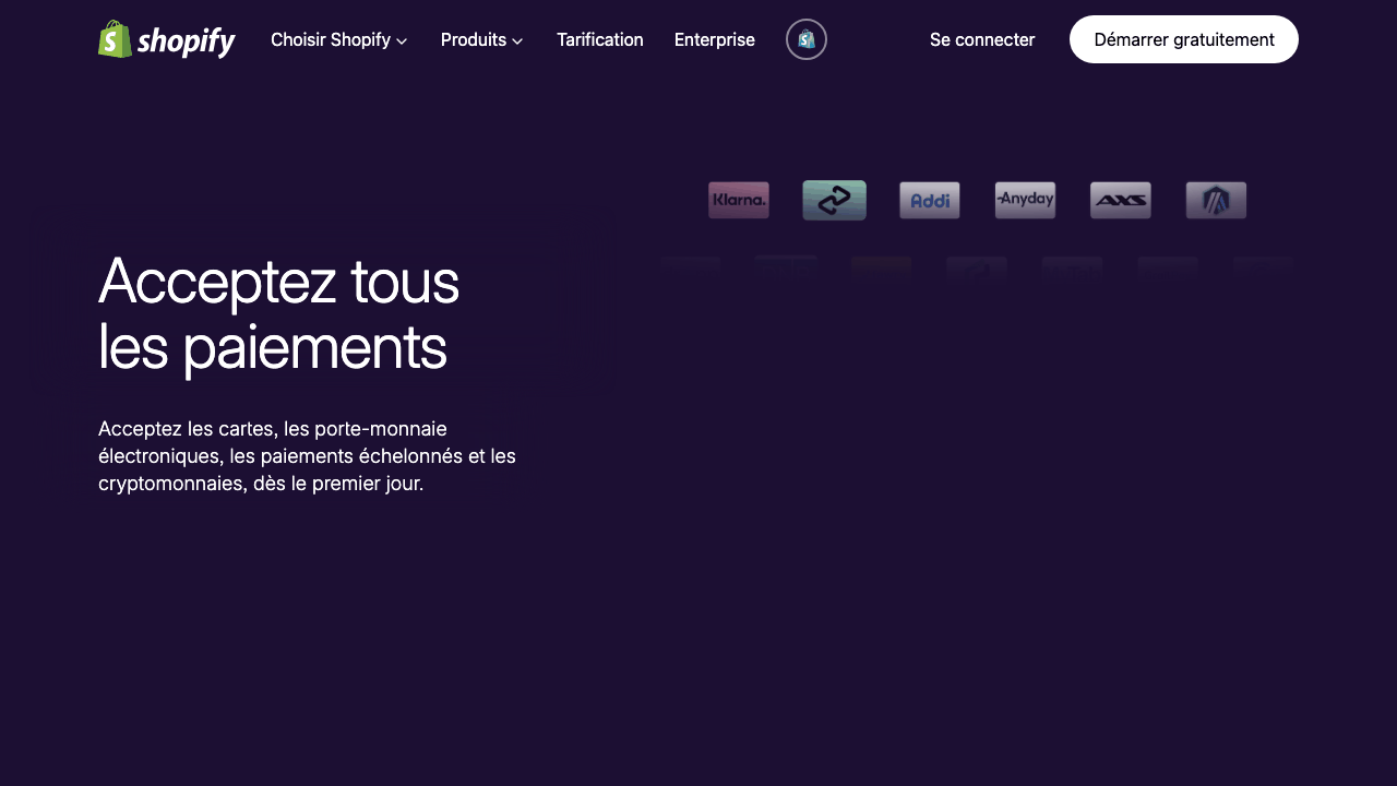 Page d'accueil de Shopify Payments
