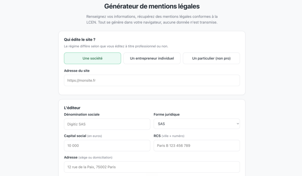 Générateur de mentions légales Digitiz