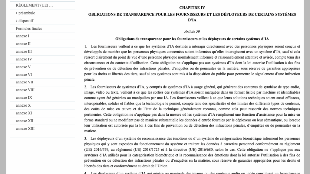 L'article 50 du règlement européen sur l'intelligence artificielle sur EUR-Lex
