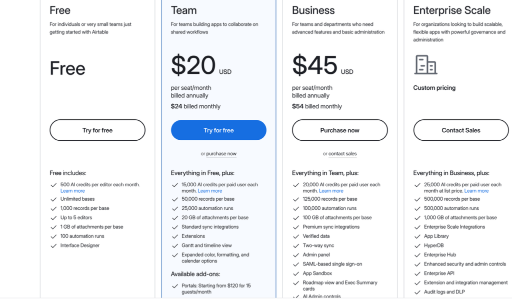 Grille tarifaire d'Airtable en 2026 : plans Free, Team, Business et Enterprise Scale