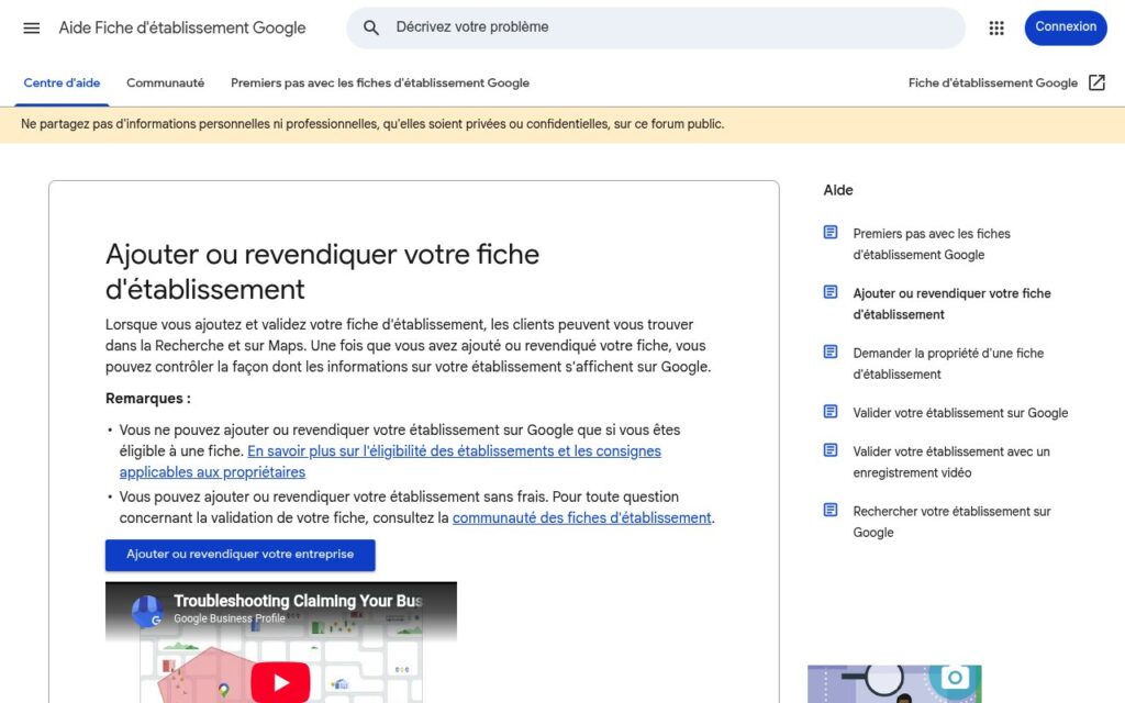 Documentation Google pour ajouter ou revendiquer une fiche
