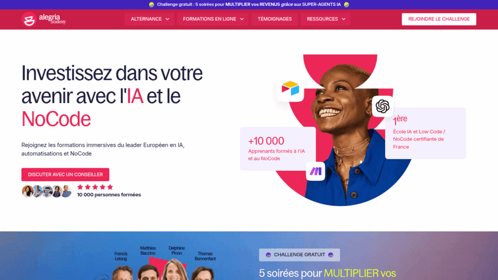 Capture d'écran de l'école no-code Alegria Academy