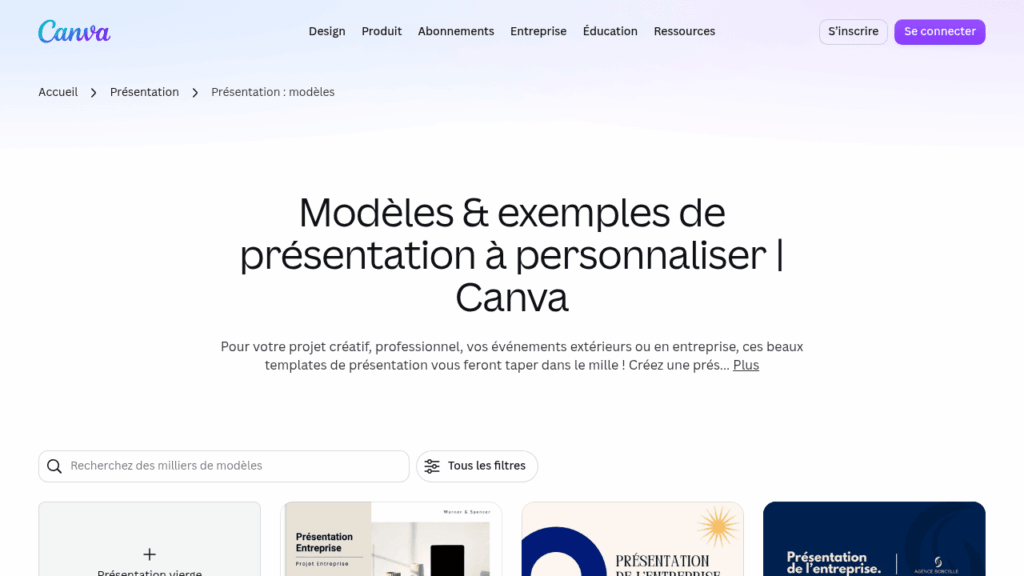 Capture d'écran des modèles de présentation Canva
