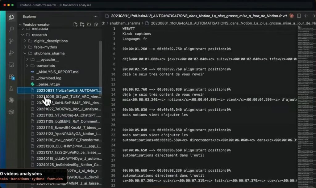 Capture montrant Claude Code analysant 50 transcriptions de vidéos YouTube