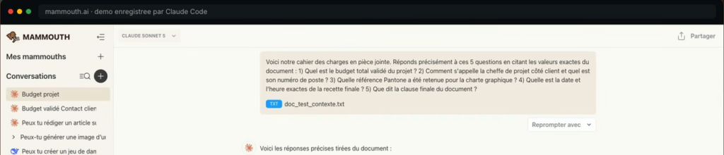 Capture montrant une démo produit enregistrée par Claude Code dans Mammouth AI