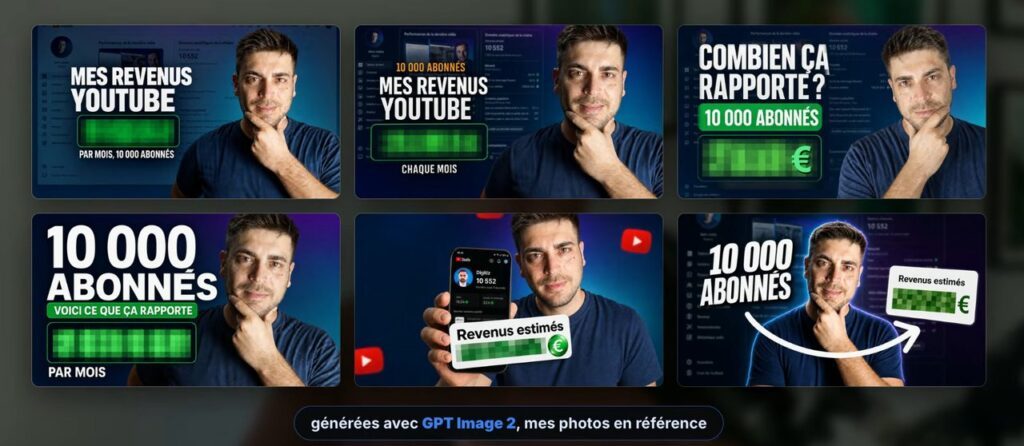 Capture montrant six variantes de miniature YouTube générées avec GPT Image 2