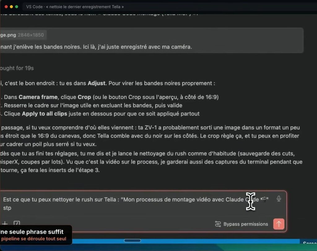 Capture montrant le prompt unique qui lance le dérushage automatique du rush Tella