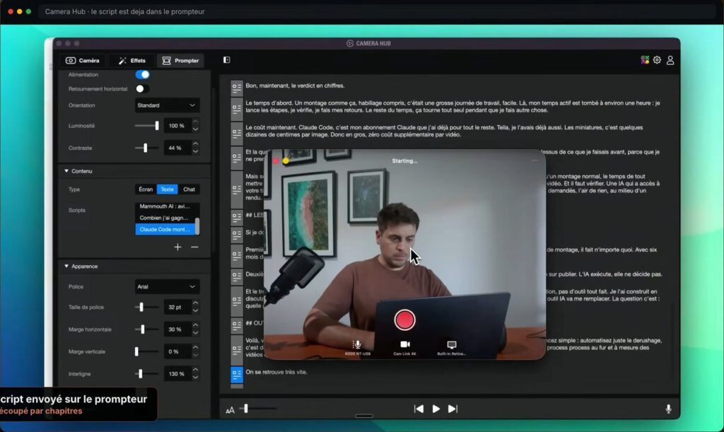 Capture montrant le script envoyé automatiquement sur le prompteur Camera Hub