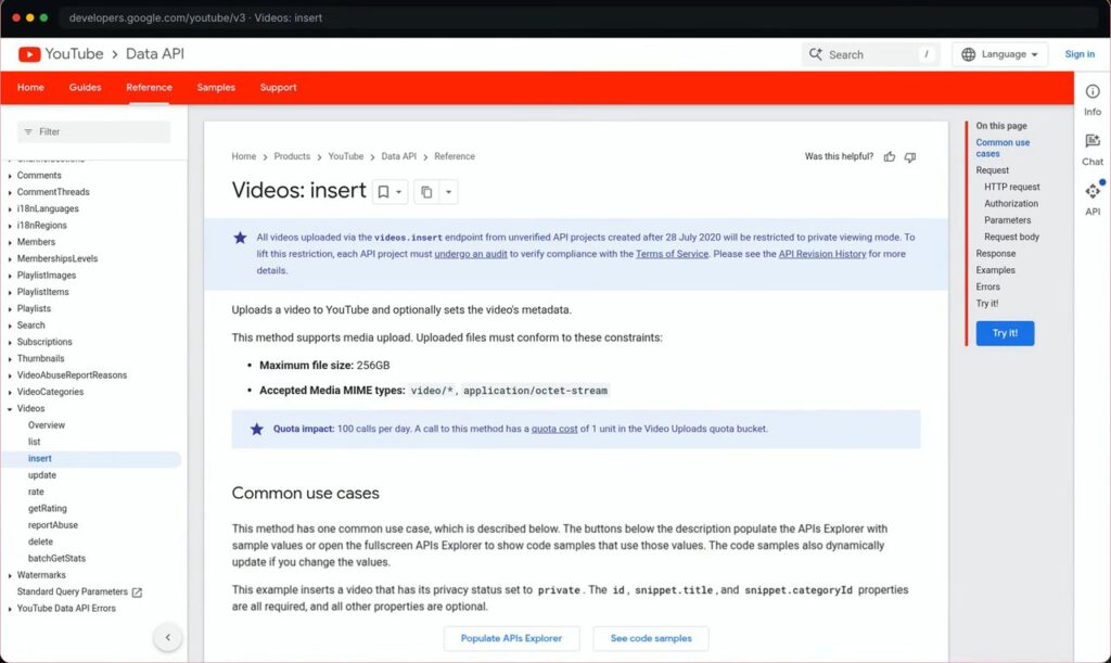 Capture montrant la documentation de l'API YouTube utilisée pour publier la vidéo