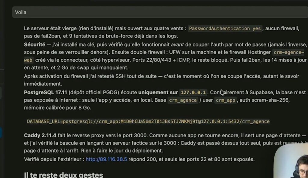 Claude Code détaille la sécurisation du VPS : clé SSH, firewall et PostgreSQL