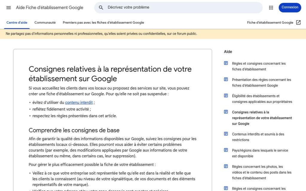 Consignes Google concernant les fiches d'établissement