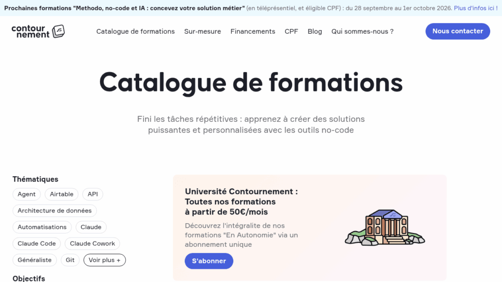 Capture d'écran du catalogue de formations Contournement