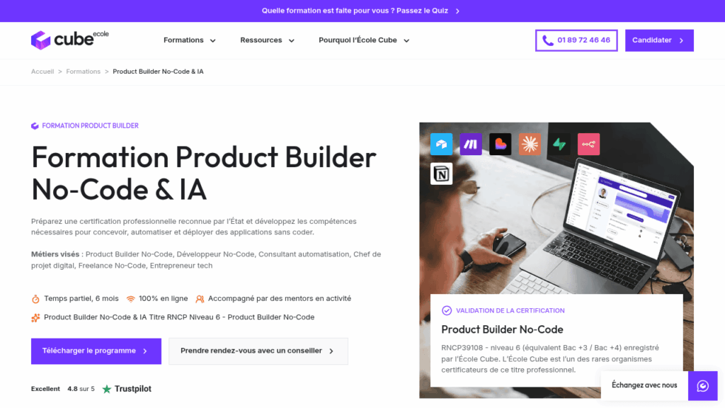 Capture d'écran de la formation Product Builder No-Code de l'École Cube