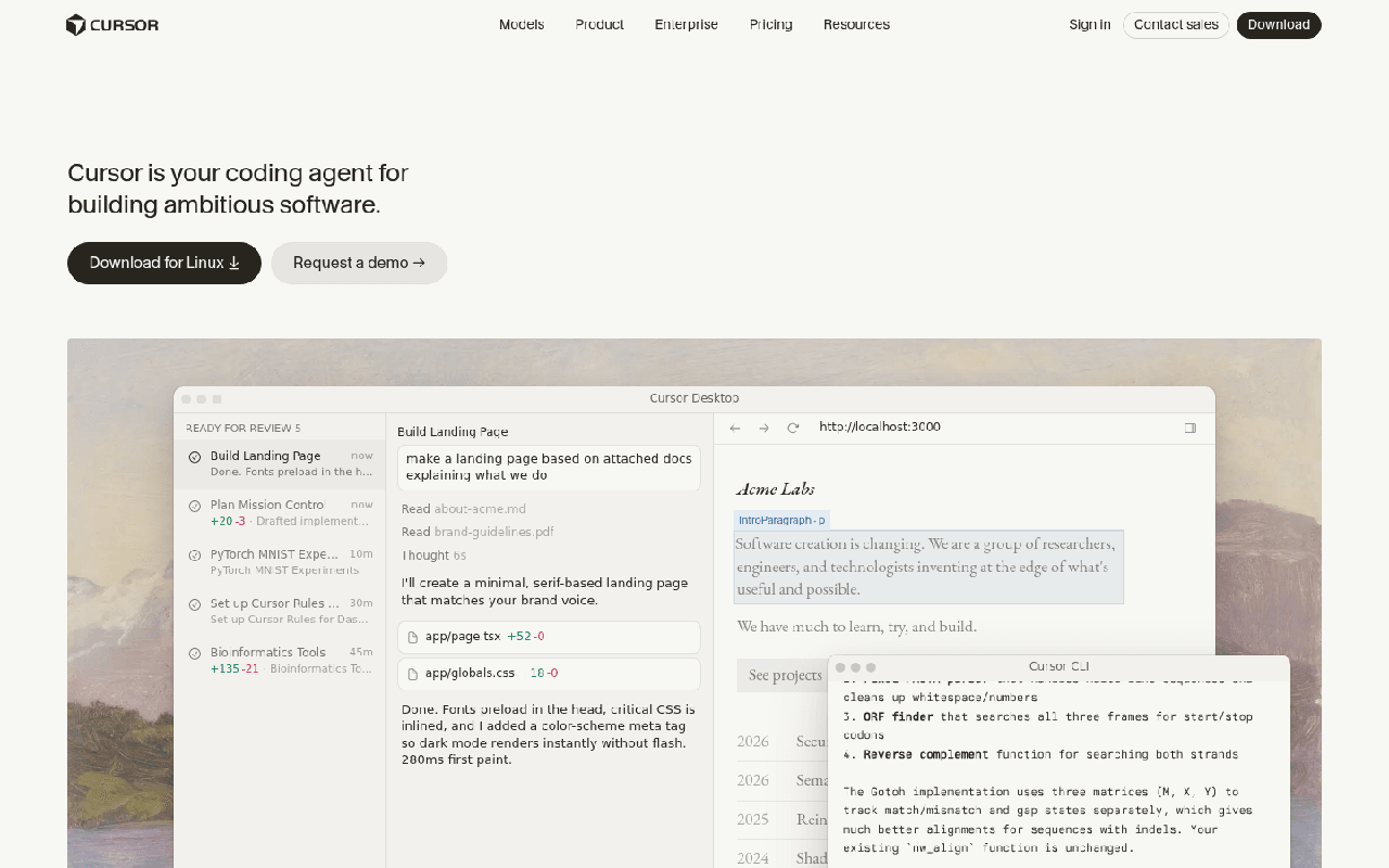 L'interface de Cursor avec le panneau agent, les fichiers modifiés et l'aperçu du site