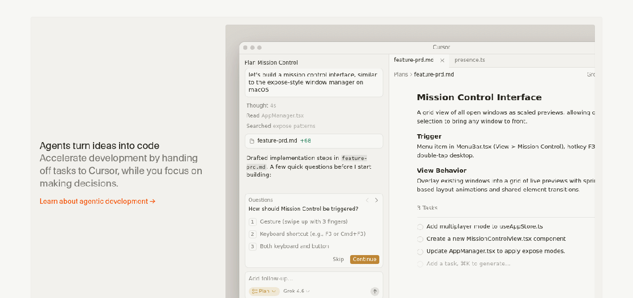 Le mode Agent de Cursor qui rédige un plan et pose des questions avant d'écrire le code