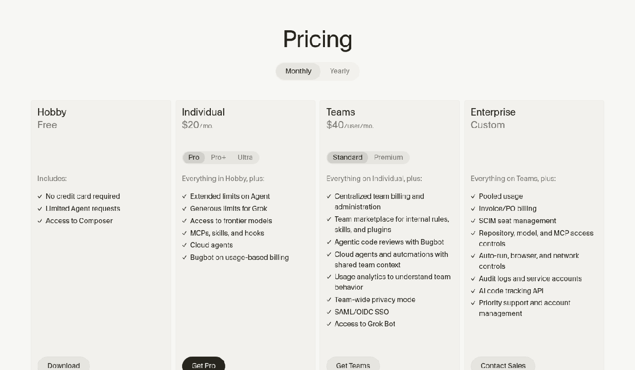 La grille tarifaire de Cursor avec les plans Hobby, Individual, Teams et Enterprise
