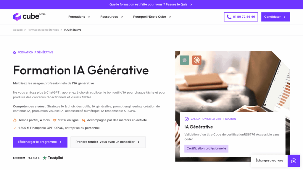Capture d'écran de la formation IA générative de l'École Cube