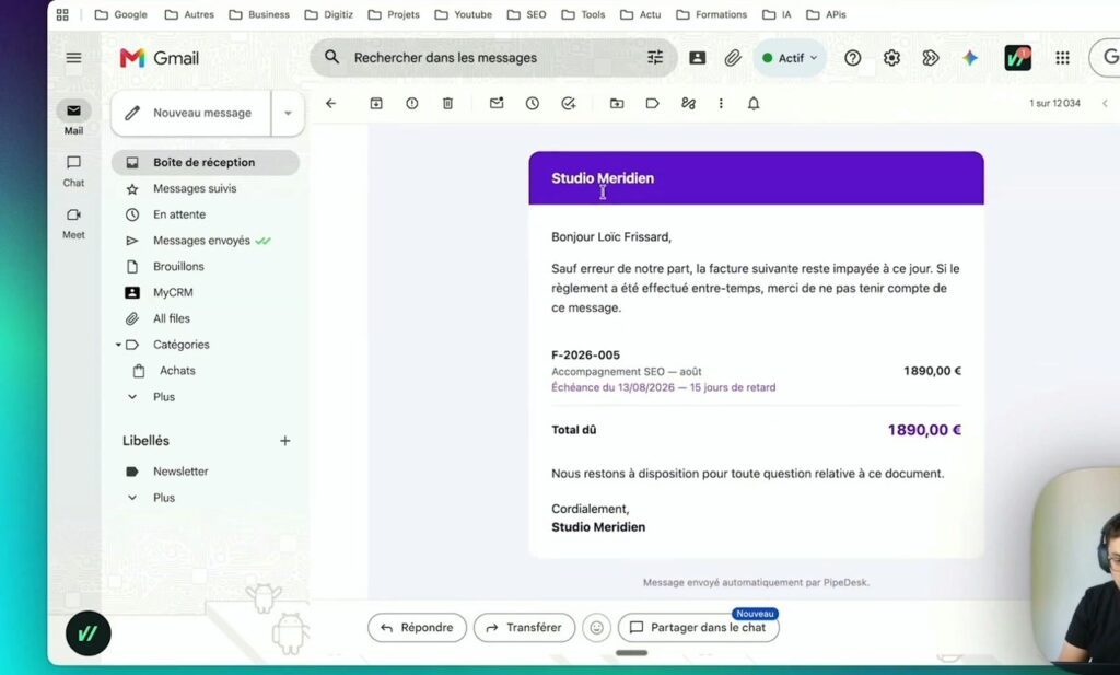 Email de relance de facture envoyé automatiquement par le CRM via Resend