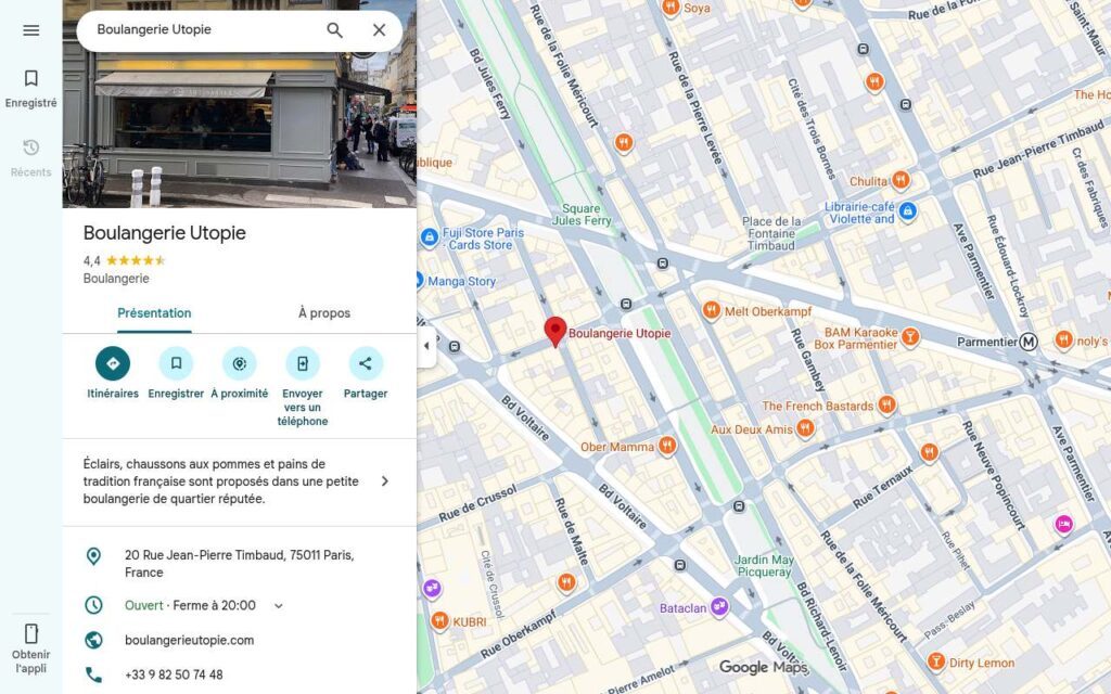 Exemple de fiche d'établissement complète sur Google Maps