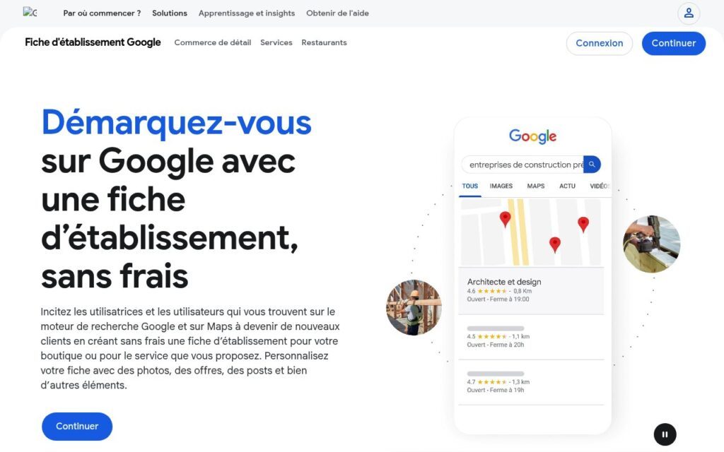 Page officielle de la fiche d'établissement Google