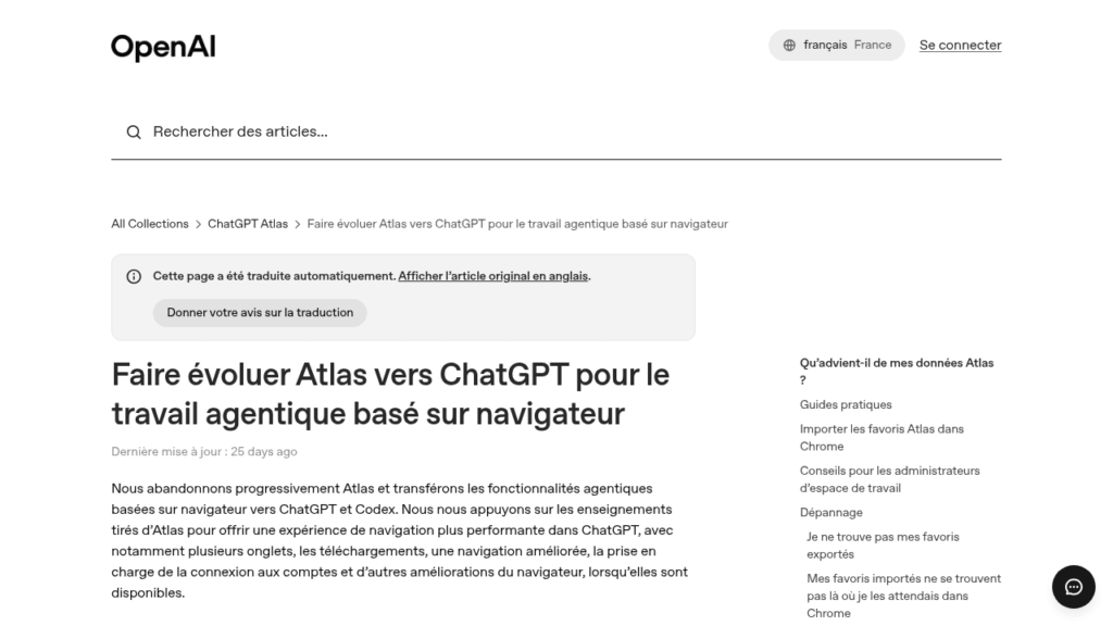 La page d'aide d'OpenAI sur l'arrêt de ChatGPT Atlas