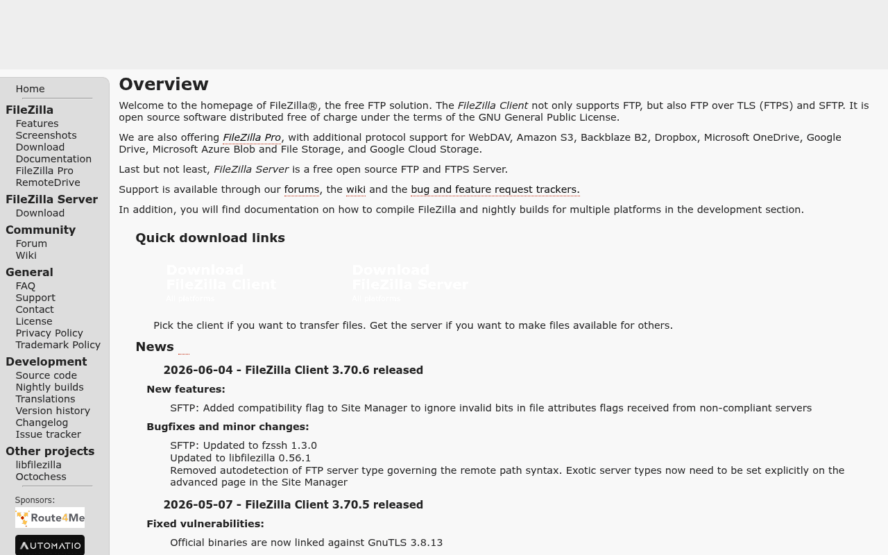 Capture d'écran de FileZilla