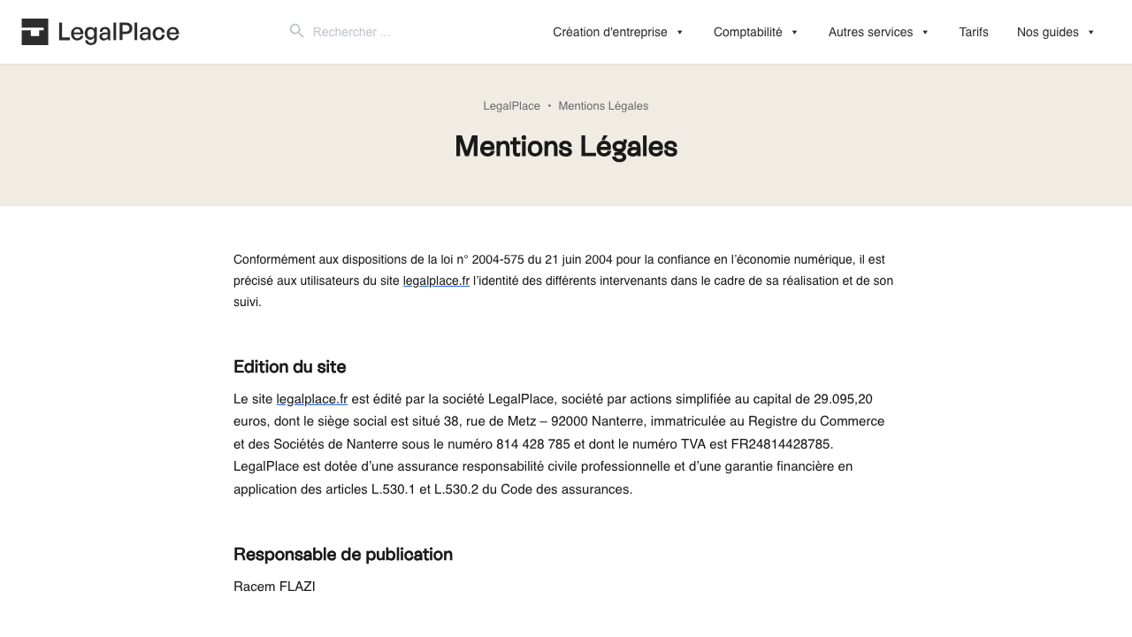 Générateur de mentions légales de LegalPlace