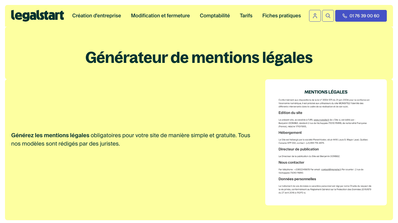 Générateur de mentions légales de Legalstart