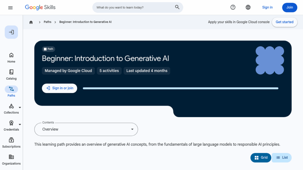 Capture d'écran du parcours IA générative sur Google Skills