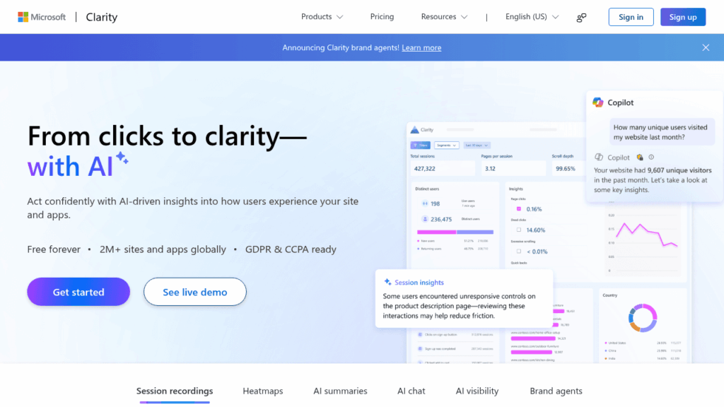 Capture d'écran de Microsoft Clarity