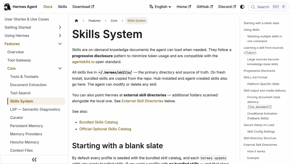 La documentation des skills de Hermes Agent