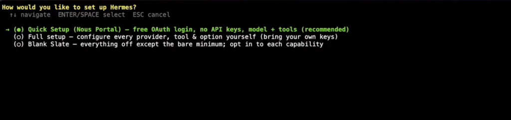 L'assistant de configuration d'Hermes Agent dans le terminal