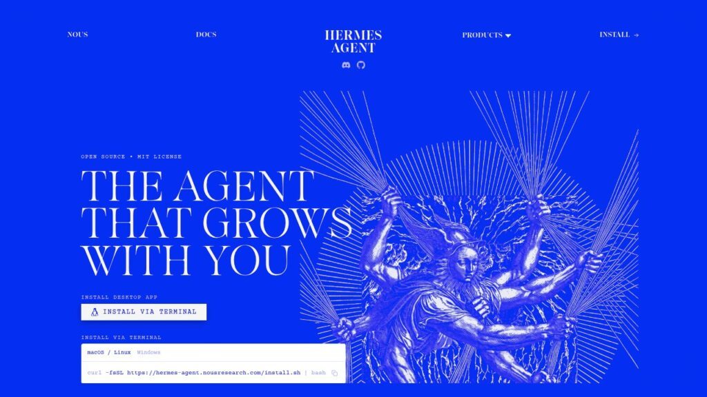 La commande d'installation d'Hermes Agent sur le site officiel